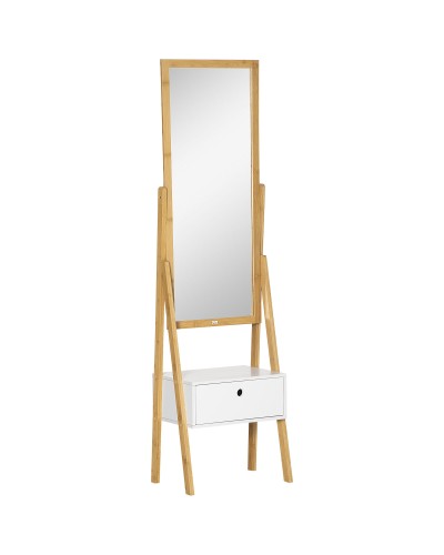 Floor Mirror with Drawer, MDF & Bamboo, 45x30x160 cm, White & Wood Color