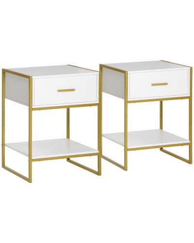 Modern Bedside Table Set of 2 with Drawer and Open Shelf, MDF and Steel, 45x40x60cm, White and Gold