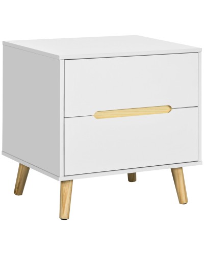  Comodino Moderno con 2 Cassetti in Truciolato e Gambe in Legno di Pino, 50Lx40Px50.5A cm, Bianco