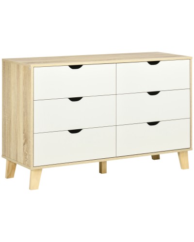  Cassettiera 6 Cassetti con Maniglie Intagliate in Legno, 120x40x76 cm, Bianco e Rovere