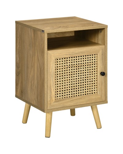 Boho Bedside Table with Cabinet and Open Shelf, Wood and Rattan, 39x35x60 cm