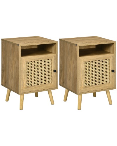  Set 2 Comodini in Stile Boho con Armadietto e Ripiano Aperto, in Truciolato, Rattan e MDF, 39x35x60 cm