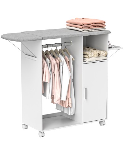  Mobile Asse da Stiro con Piano d'Appoggio, 3 Ripiani a Cubo e Guida, 127x42.5x99cm, Bianco