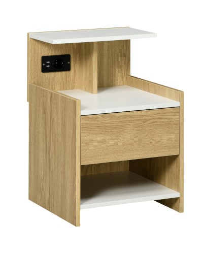 Modern Nightstand with 2 Sockets, 2 USB Ports and Chipboard Drawer, 40x40x60cm, Wood Color