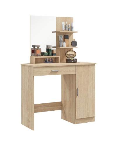  Tavolo per Trucco in Truciolato con Mobiletto, Cassetto, Ripiani Aperti e Specchio, 90x38x138 cm