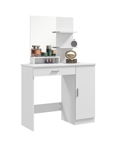  Tavolo per Trucco in Truciolato con Mobiletto, Cassetto, Ripiani Aperti e Specchio, 90x38x138 cm, Bianco