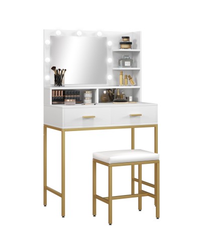 Mobile Vanity Set with Mirror, 2 Drawers, 5 Shelves, and Stool, MDF and Chipboard, 80x40x138 cm, White