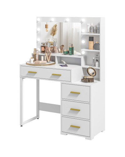 Wooden Makeup Table with 4 Drawers, 6 Open Shelves, and Mirror, 100x40x138 cm, White