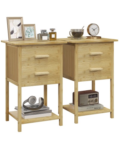  Set 2 Comodini con 2 Cassetti e Ripiano Inferiore in stile Nordico, in Bambù, 40x34x60 cm