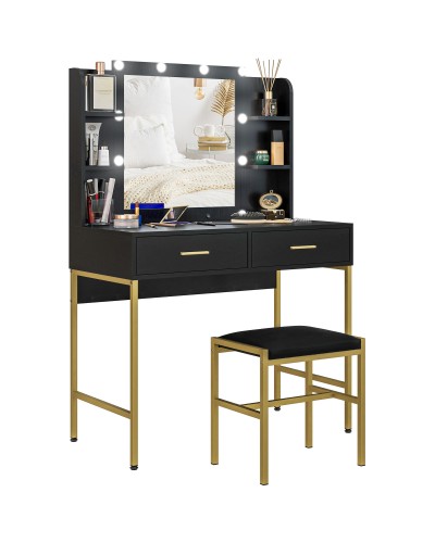  Tavolo da Trucco con 2 Cassetti, 6 Ripiani, Specchio e Sgabello, in Legno e Acciaio, 90x45x132.5 cm, Nero