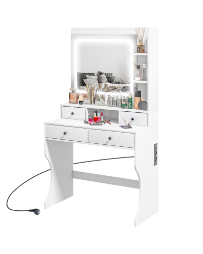  Toeletta Trucco con Luci LED 3 Tonalità e Specchio, Prese USB, 4 Cassetti e Mensole, 90x45x160cm, Bianco