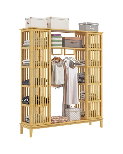  Armadio Aperto in Bambù con 2 Ante Scorrevoli, Ripiani Aperti e Barra Appendiabiti, 145x35x165cm