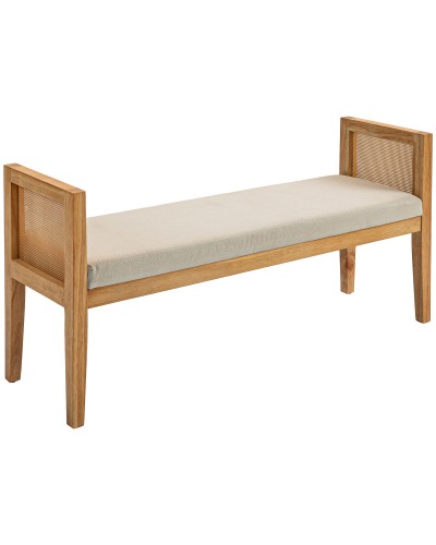 Panca Fondo Letto Boho con Seduta Imbottita e Braccioli in Legno e Rattan, 120x38x61.5cm, Crema