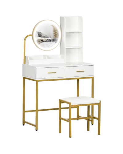  Toeletta Tavolo Trucco con Specchio Illuminato a LED e Sgabello, Cassetti e Ripiani, Bianco