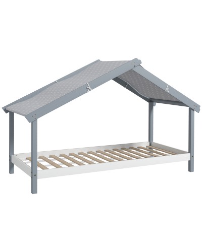  Letto a Casetta in Legno di Pino a 15 Doghe con Tetto Stellato in Tessuto, 213x100x140 cm, Grigio