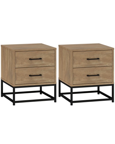 Set of 2 Industrial Style Bedside Tables with 2 Drawers in Wood and Steel, Wood Color