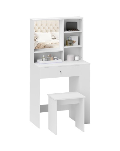 White Wooden Vanity Table and Stool Set with Mirror and Shelves