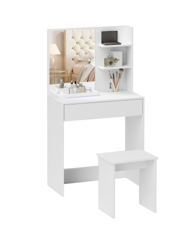 3-Tier Vanity Table with Drawers, Mirror, and Stool, Particleboard, 75x40x137 cm, White