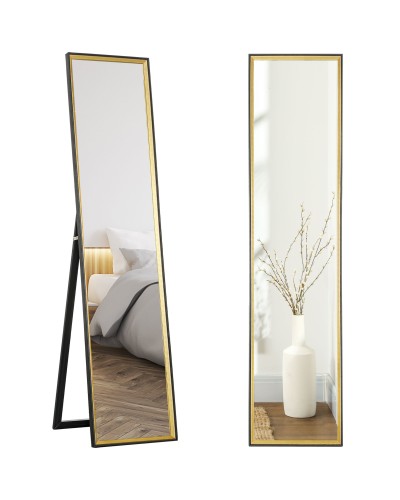  Specchio a Figura Intera con Supporto Posteriore e Cornice, in Legno e Vetro, 37x3x157 cm, Nero e Oro