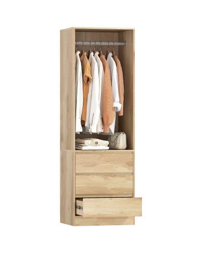  Armadio Guardaroba con Asta Appendiabiti, Ripiano Aperto e 3 Cassetti, in Legno, 60x48.5x185 cm, color Teak