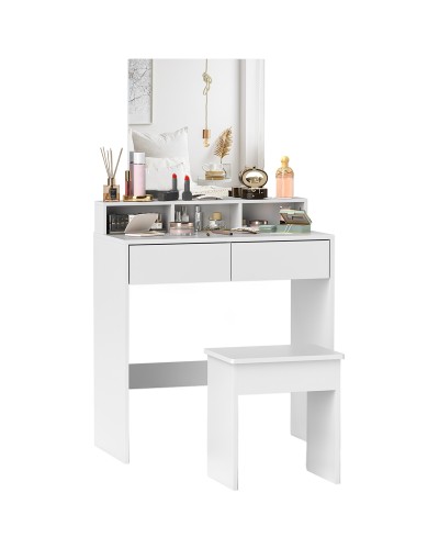  Tavolo da Trucco con Specchio, 3 Ripiani, 2 Cassetti e Sgabello, in Legno, 75x38x135 cm, Bianco