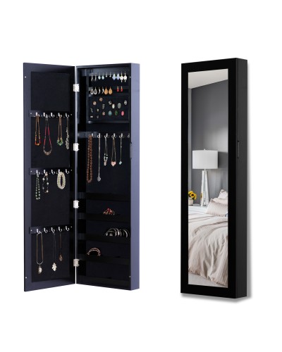  Specchio Portagioie da Parete con Ganci e Scompartimenti in Legno, Armadietto Portagioie con Specchio per Orecchini, Collane e 