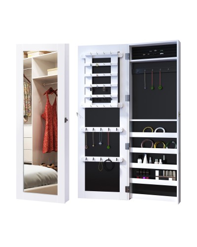  Specchio Portagioie da Parete con Ganci e Scompartimenti in Legno, Armadietto Portagioie con Specchio per Orecchini, Collane e 