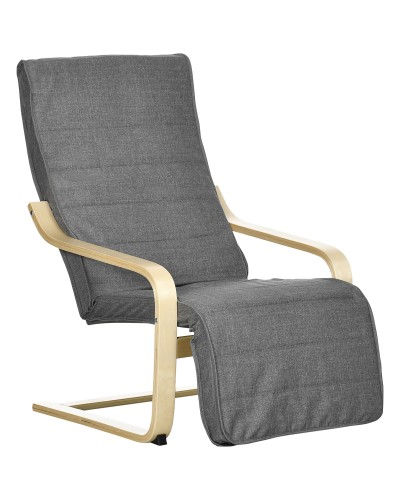 Relax Armchair with 5-Level Footrest and Birch Wood Headrest, Grey