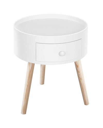  Tavolino da Salotto Moderno in Legno, Tavolino Rotondo con Cassetto, Tavolino da Caffè per Soggiorno e Camera, Bianco