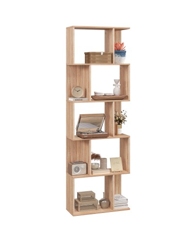  Mobile Libreria in Legno a 5 Ripiani con Divisorio, 60x24x184.5 cm, Color Legno