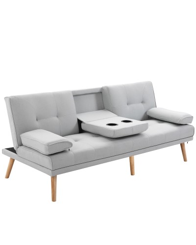 Scandinavian Style 3-Seater Sleeper Sofa Recliner with Fold-Down Table, 181x77x88 cm, Grey