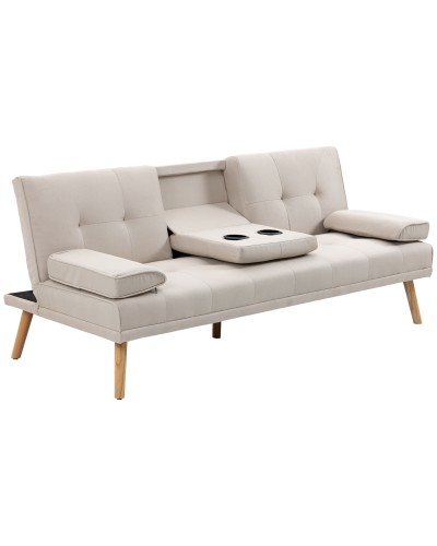 3 Seater Recliner Sofa Bed with Linen Look Upholstery and Drop Down Table, Beige