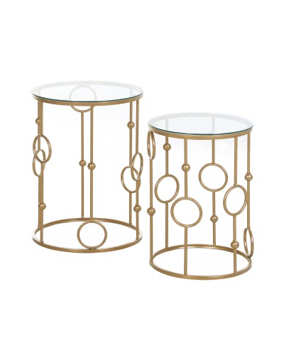  Set 2 Pezzi Tavolini da Caffè Design Elegante con Motivi a Cerchio, Metallo e Vetro Temperato Φ41x57cm & Φ36x51cm, Oro
