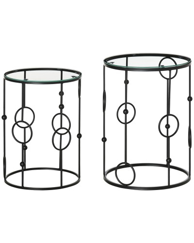 Set of 2 Stackable Metal and Tempered Glass Coffee Tables Ø41x57cm and Ø36x51cm, Black