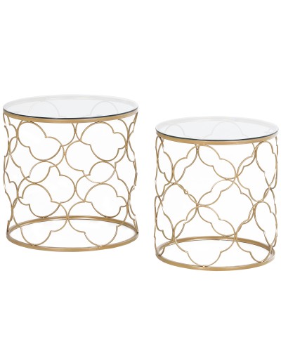 Set of 2 Art Deco Stackable Metal Nesting Coffee Tables with Glass Top, Gold