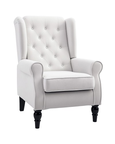  Poltrona da Salotto Imbottita in Tessuto con Schienale Trapuntato, 74x86x102cm, Bianco Crema