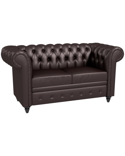 Chesterfield Style 2-Seater Sofa with Removable Cushion, Faux Leather, Wood and Metal, 160x84x80 cm, Brown