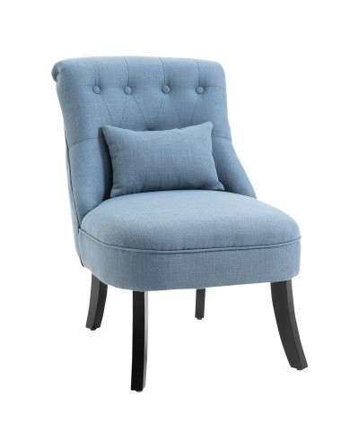  Poltrona per Salotto Imbottita con Cuscino, in Tessuto Effetto Lino e Legno, 52.5x69x77 cm, Blu
