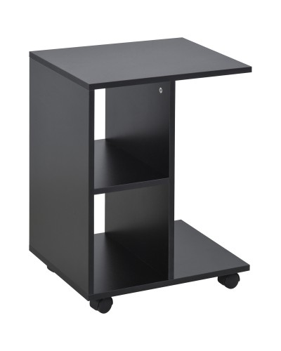  Tavolino da Salotto a C con 2 Ripiani Aperti e 4 Ruote Girevoli, 45x35x58 cm, Nero