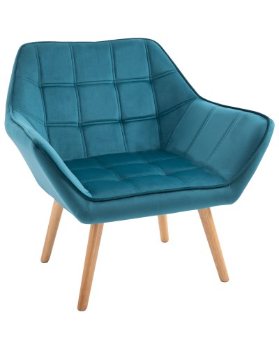 Scandinavian Design Bedroom Armchair, Velvet and Wood Accent Chair, Teal Color, for Living Room or Office, 67x61.5x71cm