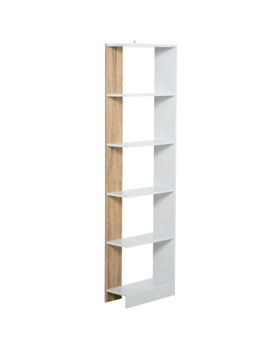  Scaffale Libreria a Parete in Legno Color Rovere e Bianco con 5 Ripiani, Antiribaltamento, 45 x 21 x 170cm