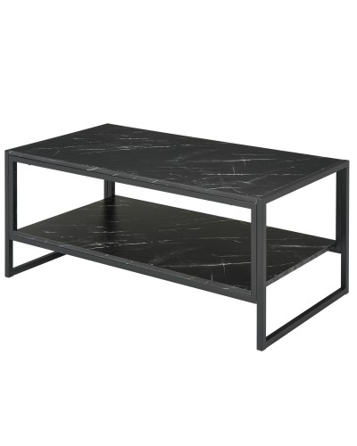 Black Coffee Table, Marble Effect Top with Lower Shelf, Living Room or Office, Modern Design, Steel Frame