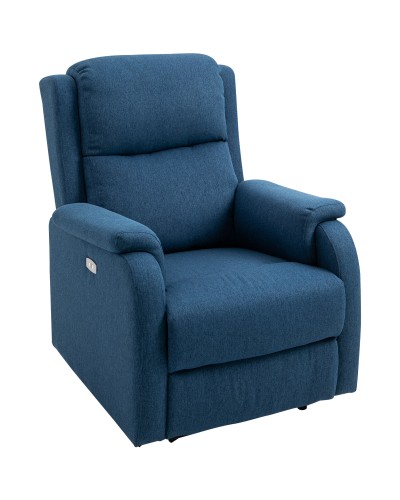 Recliner Armchair with Footrest, Linen Look Fabric, Wood and Metal, 77x91x106 cm, Blue