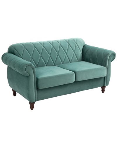  Divano 2 Posti in Legno e Velluto Verde, Spessa Imbottitura, Divano per 2 Persone Design Vintage Rétro, 148 x 72 x 76cm