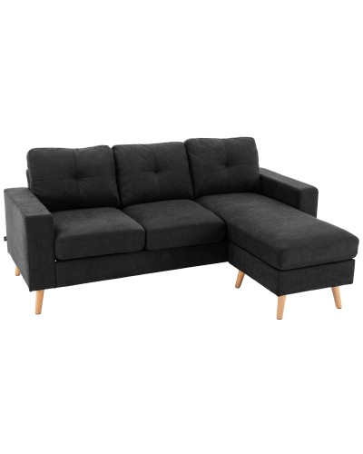  Divano 3 Posti ad Angolo con Penisola Reversibile e Cuscini, in Tessuto Effetto Lino, 193x136x85 cm, Nero