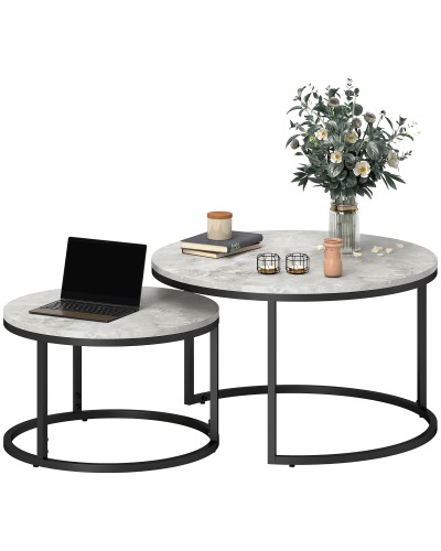 Set of 2 Round Stackable Coffee Tables Metal and Marble Effect MDF, Grey and Black