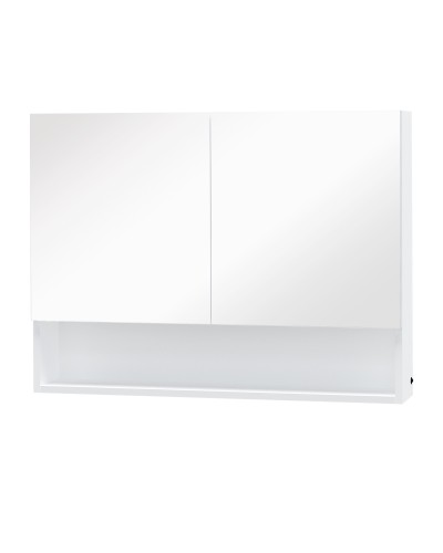  Armadietto con Specchio a Muro, Luci a LED, Ripiano Aperto e Ripiano Interno, 80x15x60cm