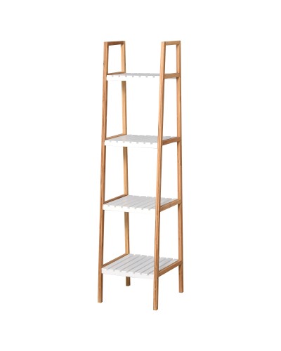 4-Tier Bathroom Ladder Shelf Pine Wood and Bamboo, 35x36x138.5 cm, White and Wood