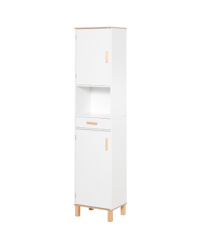 Space-Saving Wooden Bathroom Cabinet, Tall Column Unit with Cupboards and Drawer, 39x30x180cm, White