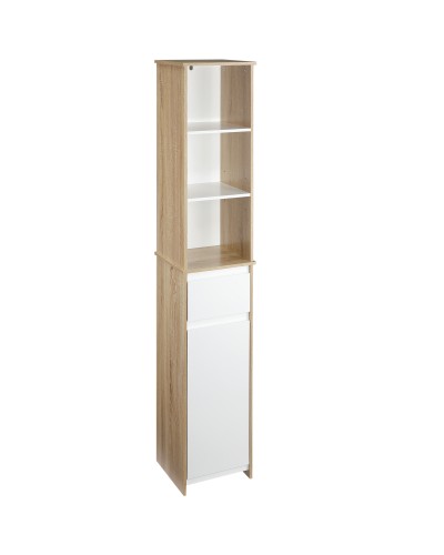  Scaffale Bagno Salvaspazio in Legno, Mobiletto a Colonna con Ripiani, Armadietto e Cassetto, Bianco, 32.6x30x171.2cm